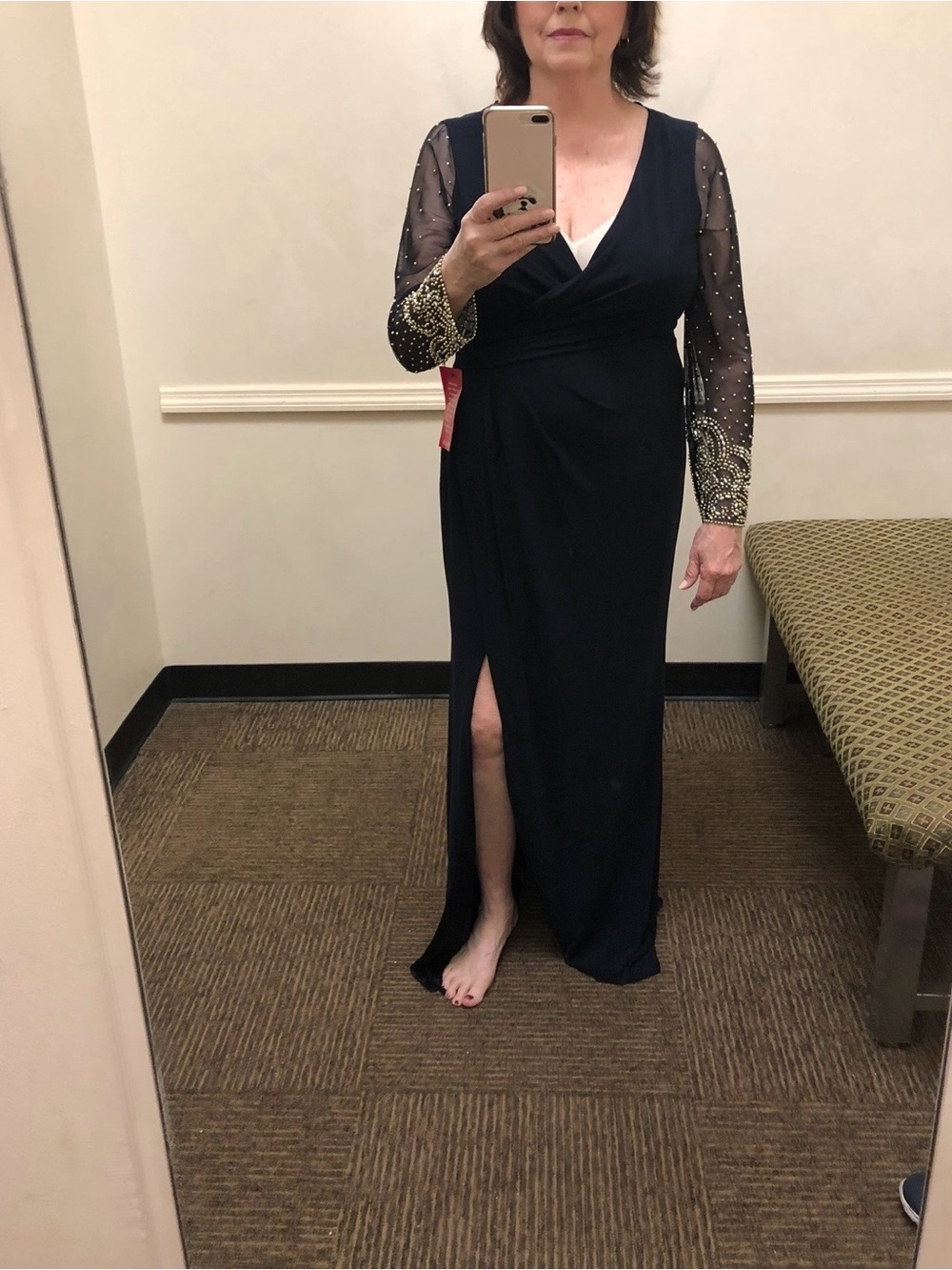 NWOT! Cachet Illusion Beaded Sleeve Navy Blue Stretch Gown SZ 14